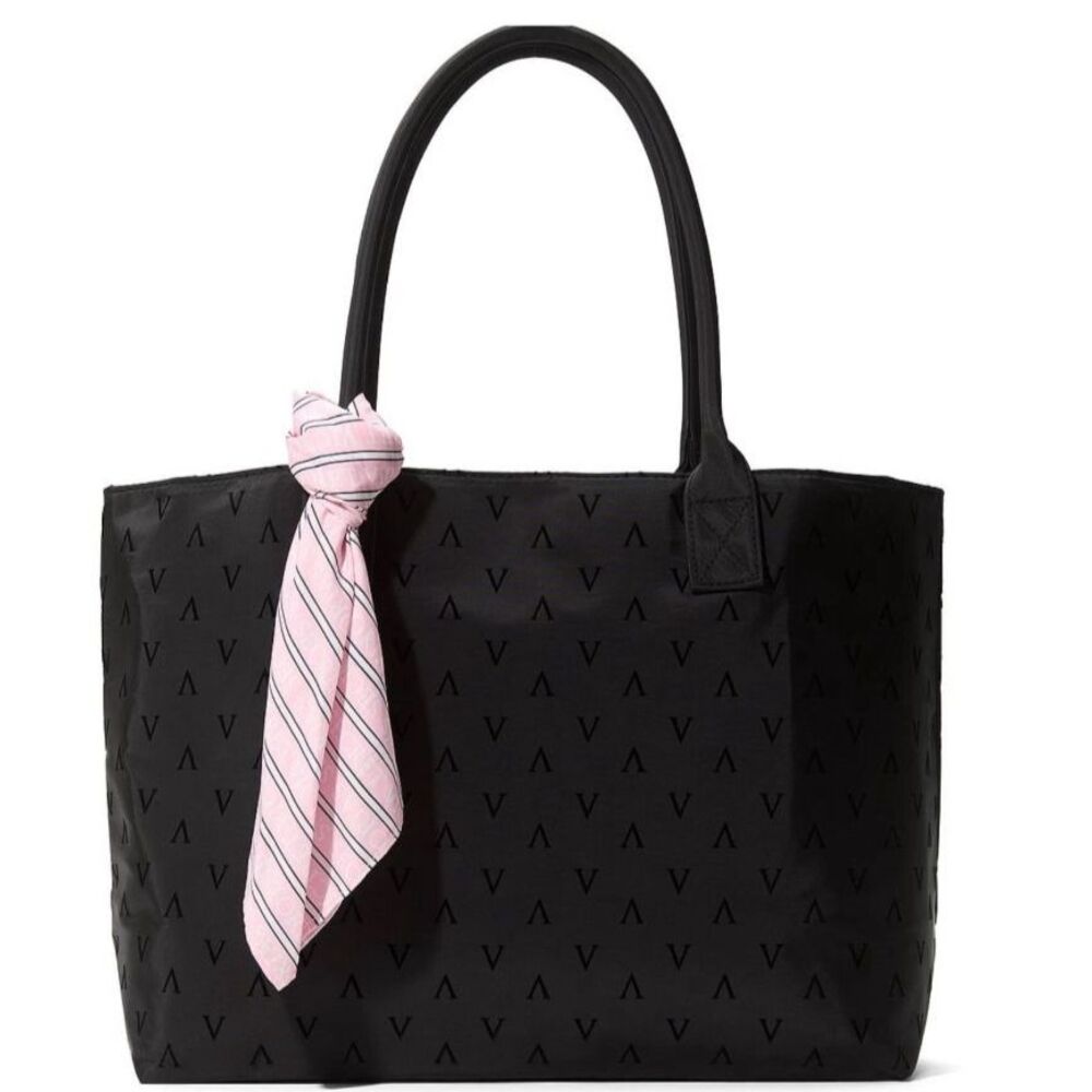 Victoria's Secret | Black Weekender Tote & Pink Scarf Set V Logo Embossed NWT